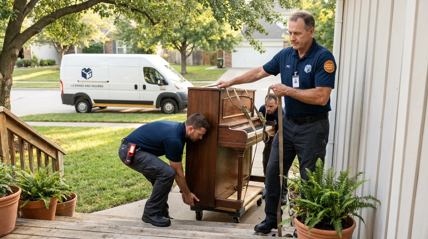 Licensed piano movers securing grand piano in Swansea, MA
