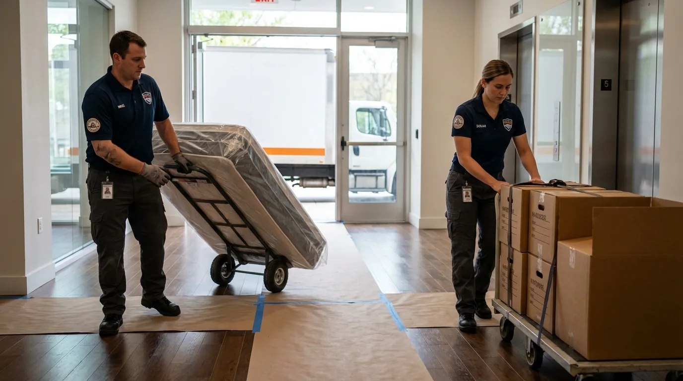 Professional apartment movers loading elevator in Swansea, MA