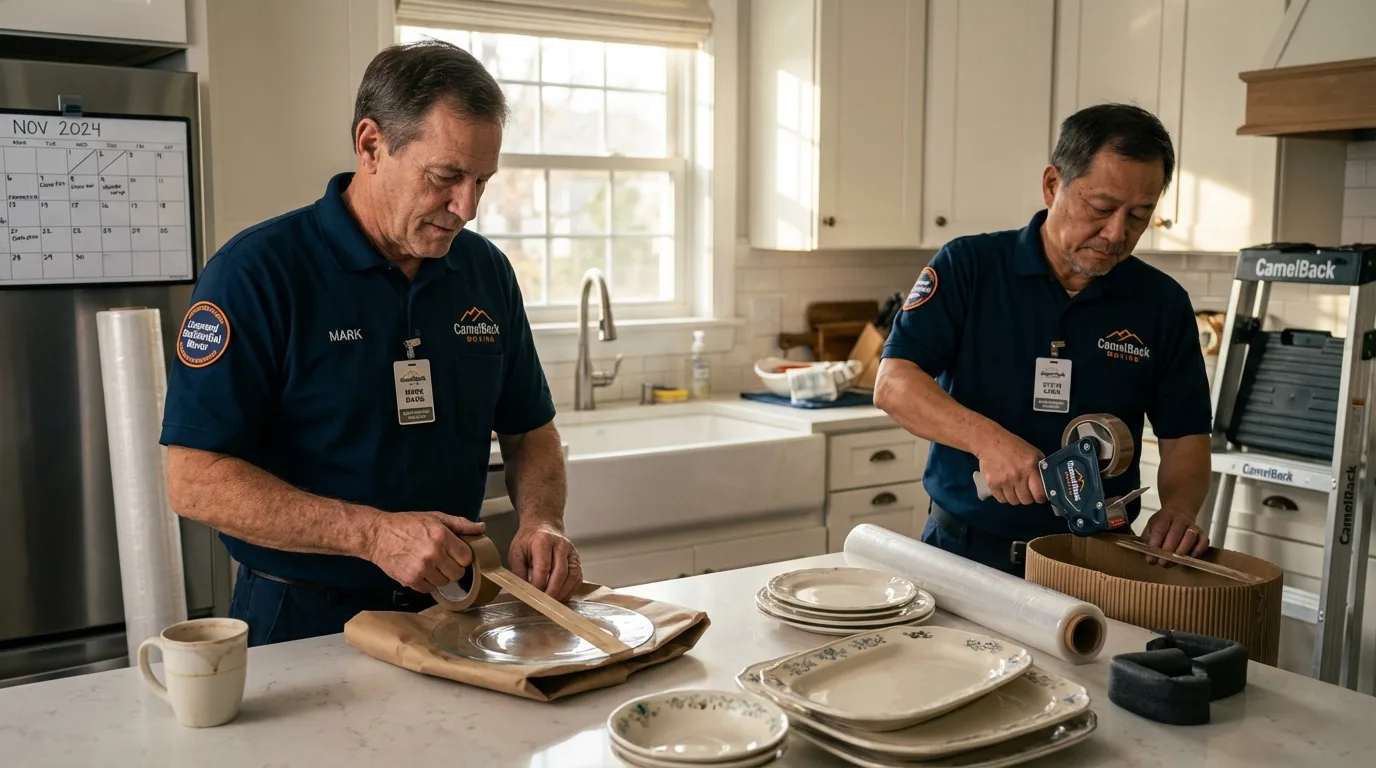 Professional crew packing kitchen dishware in Swansea, MA